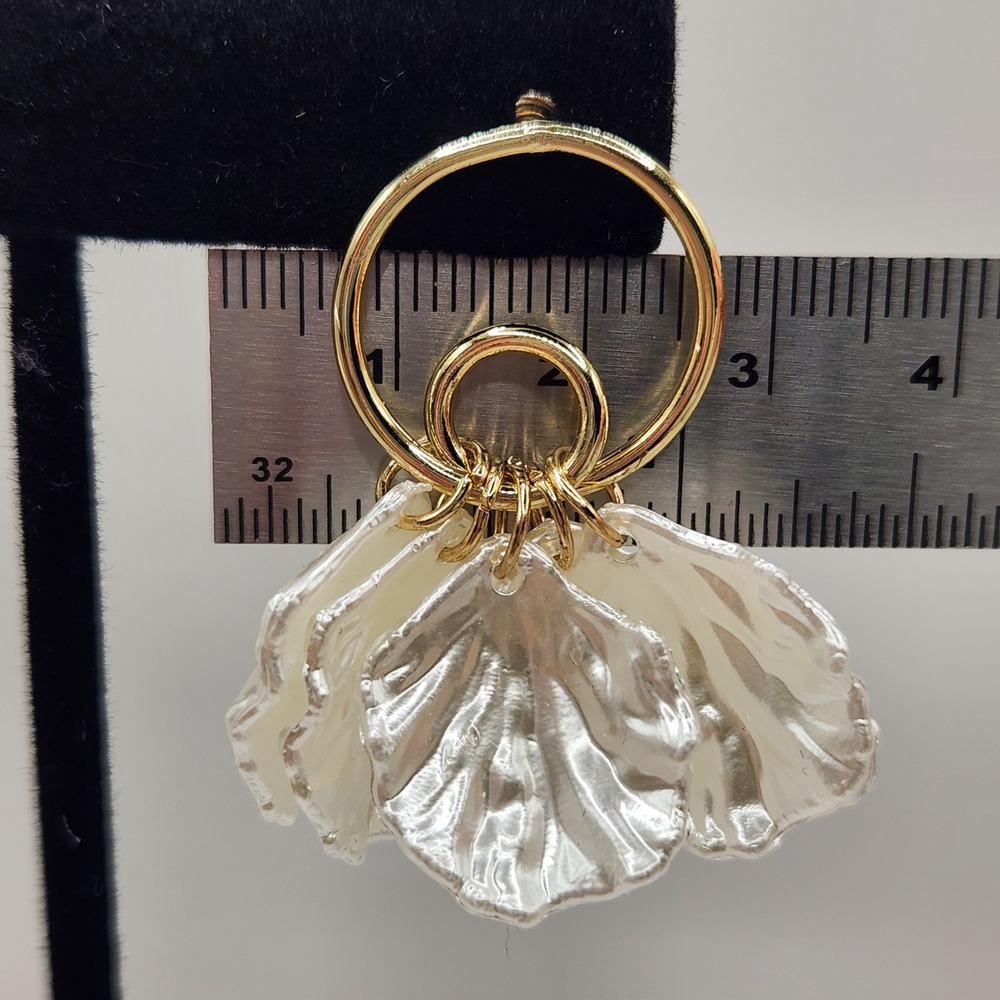 Gold Tone Hoop Earrings with White Petal Dangles Statement - Picture 5 of 6